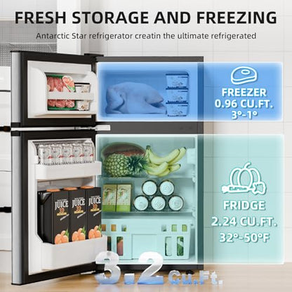 Antarctic Star Compact Refrigerator with Freezer,2 Door Mini Fridge,Adjustable Shelf,Adjustable Thermostat,for Bedroom,Office,Dorm,Kitchen,3.2 Cu.Ft.Silver