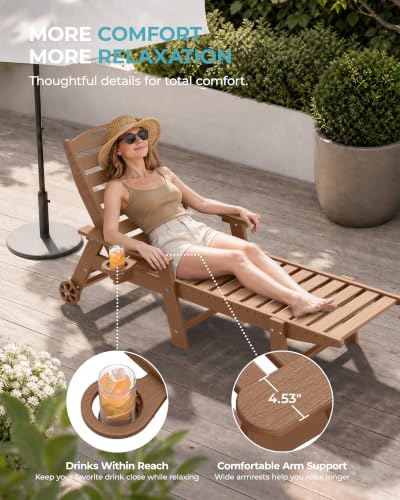 Ciokea Outdoor Chaise Lounge Chair Set of 2, Patio Lounge Chairs for Outside, HDPE Lounge Chair with Wheels & Cup Holder, Poly Chair with 5 Position for Poolside, Deck, Brown