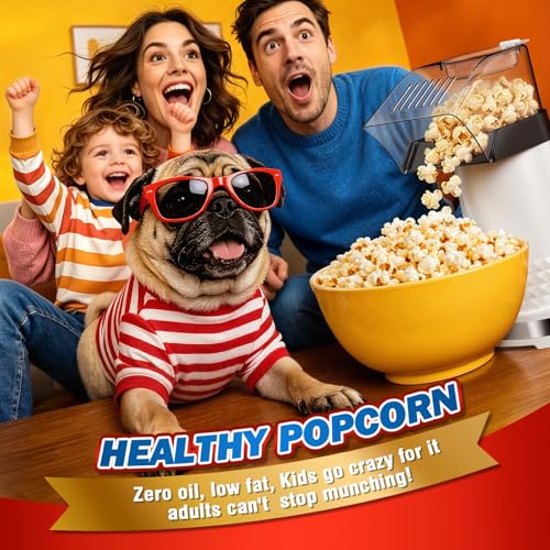 1200W Hot Air Popcorn Machine - 4.5-Quart Oil-Free Popcorn Maker with 2-Min Fast Popping, High Efficiency Air Popper with Anti-Clog Design for Healthy Family Snack (White)