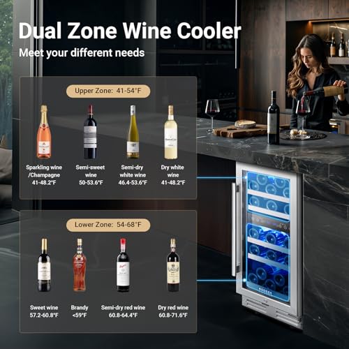 BODEGA 15 Inch Dual Zone Wine Fridge, 30 Bottle, Black 15” Wine Cooler Under Counter For Home and Kitchen, With Double-Layer Glass Door, Wine Refrigerators Free standing with Temperature Control.
