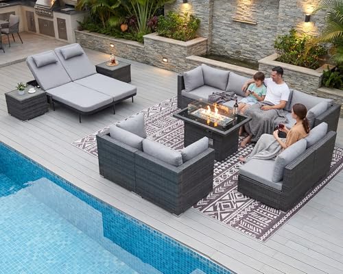 NICESOUL 13 Piece Outdoor Wicker Patio Furniture with Fire Pit, Oversized Grey Outdoor Seating Set with Fire Pit Table & Chaise Lounge, 29.3" High Back Sectional Couch Sets for Tall/Big Person