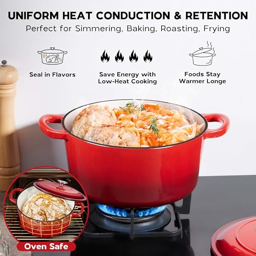 Onader Dutch Oven Pot with Lid, 6 QT Enameled Cast Iron Round Dutch Oven for Bread Baking, Heavy Duty Cast Iron Pot - Red