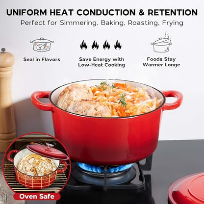 Onader Dutch Oven Pot with Lid, 6 QT Enameled Cast Iron Round Dutch Oven for Bread Baking, Heavy Duty Cast Iron Pot - Red