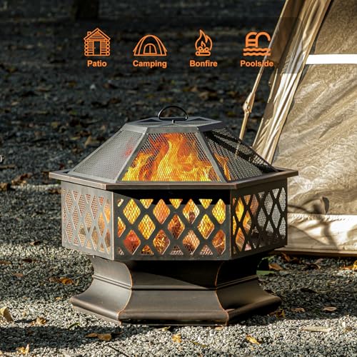 Panovue 28Inch Outdoor Fire Pit, Hexagon Shaped Wood Burning Firepit for Outside Bonfire, Patio, Backyard and Camping (Antique Bronze)