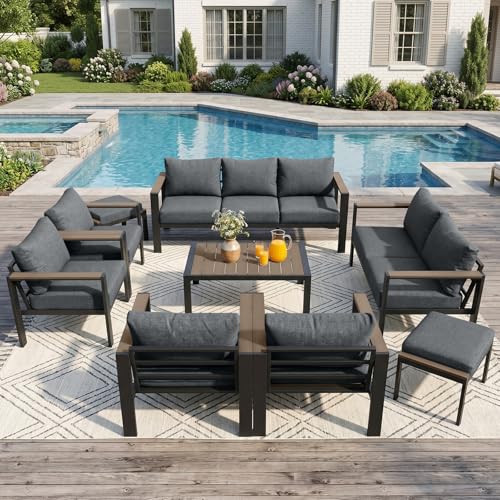 SAILARY Outdoor Patio Furniture Set 9 Pieces Luxury Aluminum Patio Conversation Set with Coffee Table and 2 Ottoman 11 Seats, Thick Cushions, Large Sectional Sofa for Porch, Balcony, Deck, Yard, Gray