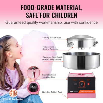 VEVOR Cotton Candy Machine Commercial, 1000W Electric Floss Maker with Stainless Steel Bowl, Sugar Scoop, Storage Drawer, Perfect for Home, Carnival, Kids Birthday, Family Party, Pink