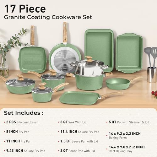 17 Piece Pots and Pans Set Non Stick, Nonstick Induction Granite Kitchen Cookware Sets, Induction Cookware Frying Pans, Nonstick Granite Cooking Set, Pan Sets for Cooking, Green