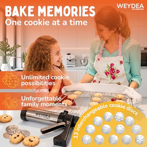 WEYDEA Cookie Press Gun Kit 23 in 1 - Stainless Steel Cookie Maker with 13 Discs, 8 Piping Tips & Silicone Baking Mold - Cookie Making Kit for DIY Baking