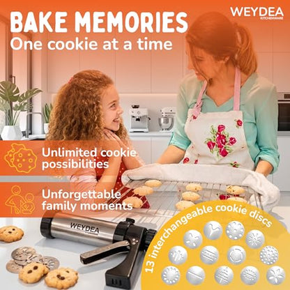 WEYDEA Cookie Press Gun Kit 23 in 1 - Stainless Steel Cookie Maker with 13 Discs, 8 Piping Tips & Silicone Baking Mold - Cookie Making Kit for DIY Baking