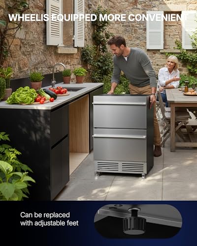 Upstreman 24 Inch Under Counter Double Drawer Refrigerator, Waterproof Stainless Steel Outdoor Refrigerator, Grid Organizers, LED Light, Built-in or Freestanding Beverage Fridge for Home/Patio -BR50D