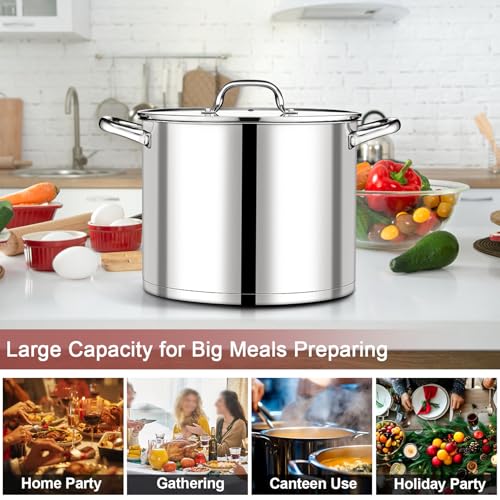 P&P CHEF 14 QT Stock Pot with Lid, Stainless Steel Large Cooking Pot, Soup Canning Stockpot for Stewing Simmering, Tri-ply Bottom for All Stoves, Heavy-Duty &Dishwasher Safe & Food-Grade