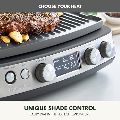 GreenPan Elite 6-in-1 Multi-Function Contact Grill & Griddle, Healthy Ceramic Nonstick Reversible Plates, Adjustable Shade & Shear, Closed Press/Open Flat Surface, PFAS-Free, Graphite