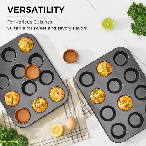 HONGBAKE Muffin Pans with 120 Natural Parchment Liners, Nonstick Cupcake Baking Tray for Oven, Premium Standard Size, 12 Cup, 2 Pack, Dark Grey