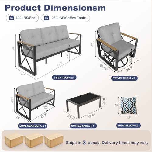 Mvpipi Aluminum Patio Furniture Set, 5 Piece Outdoor Metal Furniture Set w/Rocking Swivel Chairs, 7 Seats Balcony Conversation Sets with Coffee Table, Thick Cushions for Backyard, Poolside, Gray
