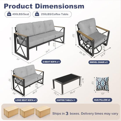 Mvpipi Aluminum Patio Furniture Set, 5 Piece Outdoor Metal Furniture Set w/Rocking Swivel Chairs, 7 Seats Balcony Conversation Sets with Coffee Table, Thick Cushions for Backyard, Poolside, Gray