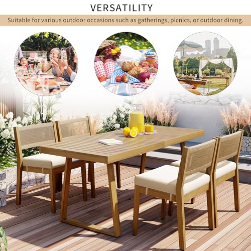 HZSSDTKJ 5-Piece Patio Furniture Dining Set, Multi-Person Outdoor Acacia Wood Dining Table Set with 4 Chair with Thick Cushions, Elegant Conversation Set for Balcony, Vourtyard and Garden (Beige-01)