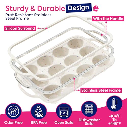 RICCLE Silicone Muffin Pans for Baking with Metal Reinforced Frame, 12-Cup Cupcake Pan, 2 Pcs Muffin Trays for Cupcake Baking, Tray Molds, Oven & Dishwasher Safe, BPA-Free (2 x Regular)