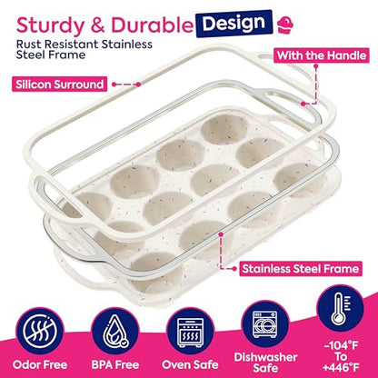 RICCLE Silicone Muffin Pans for Baking with Metal Reinforced Frame, 12-Cup Cupcake Pan, 2 Pcs Muffin Trays for Cupcake Baking, Tray Molds, Oven & Dishwasher Safe, BPA-Free (2 x Regular)
