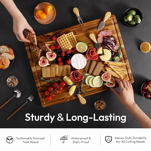 Bellsal 3 Pack Teak Wood Cutting Board Set for Kitchen Charcuterie Board Serving Heavy Duty Non Toxic Slip Over Sink Solid Thick Haus Wooden Chopping Board Large Big Small Meat Kitchen Essential Gift