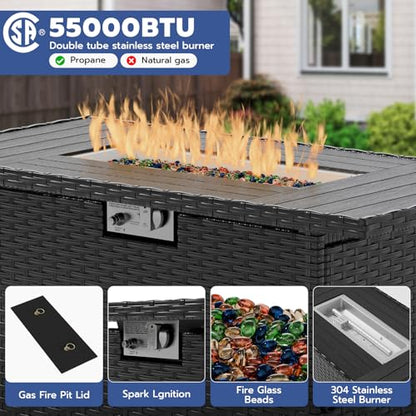 VONZOY 7 Piece Patio Furniture Set with Fire Pit Table, Outdoor Sectional Conversation Sets Black Wicker Rattan Sofa with Coffee Table for Patio Garden Backyard, 4'' Thickened Cushion Black