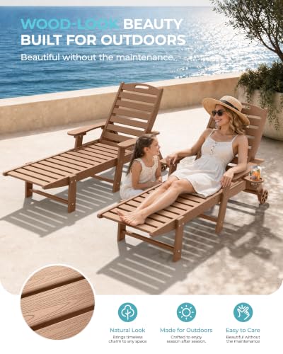 Ciokea Outdoor Chaise Lounge Chair Set of 2, Patio Lounge Chairs for Outside, HDPE Lounge Chair with Wheels & Cup Holder, Poly Chair with 5 Position for Poolside, Deck, Brown