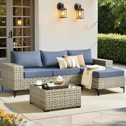 ovios 5-Piece Patio Furniture Set with L-Shaped Sofa Chaise, Outdoor Modular Sectional Couch Coffee Table, Modern Wicker Rattan Conversation Set, Denim Blue