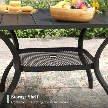 ARKOST 5 Pieces Outdoor Dining Set, Stackable Textilene Paito Chairs & 37.8" Square Dining Table with Umbrella Hole and Shelf, Patio Dining Set for Backyard, Deck, Garden, Grey & Black