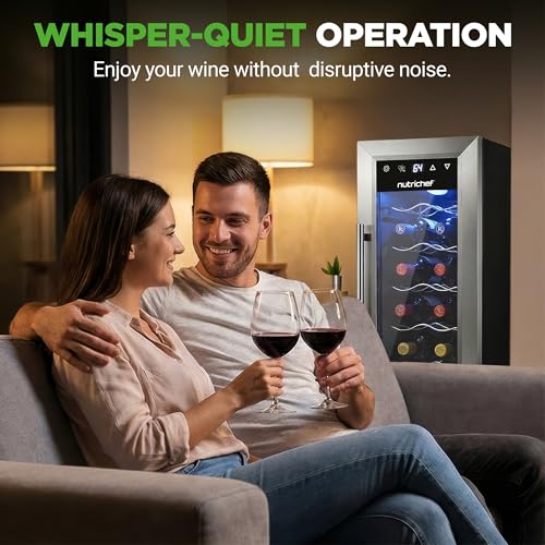 Nutrichef 12 Bottle Stainless Steel Slim Wine Fridge | Red & White Wine Chiller | Adjustable Temperature Control, Ultra Quiet Operation & Energy Efficient | Mini Wine Cooler Refrigerator | 31x10x17 IN
