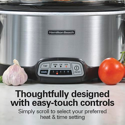 Hamilton Beach Programmable Stay or Go® Slow Cooker, 7 Quart Capacity, Includes 20 oz. Party Dipper Food Warmer, Silver, R33477 (Renewed)