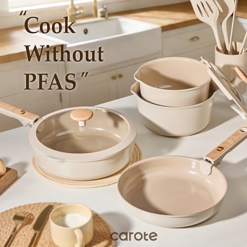 CAROTE Nonstick Pots and Pans Set, Cookware Set Detachable Handle, 19 Pcs Induction Kitchen Cookware Sets Non Stick with Removable Handle, RV Cookware Set, Oven Safe, Elegant White, Mothers Day Gifts
