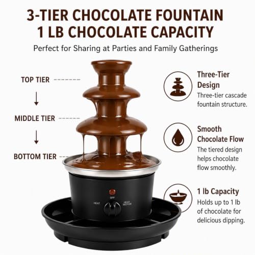 Chocolate Fountain Machine,120V Electric 3-Tiers Chocolate Melting Machine,1 lb Digital Chocolate Heating Fondue Fountain Machine for Weddings,Birthdays,Graduation Parties (Black 3 Tiers)