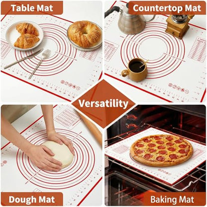 Silicone Baking Mat - 0.7mm New Upgraded Non-slip and Reusable Pastry Mat for Rolling Out Dough, Non Stick Silicone Mats with Measurements for Cookies, Macaroon, Bread, Pastry (Red)