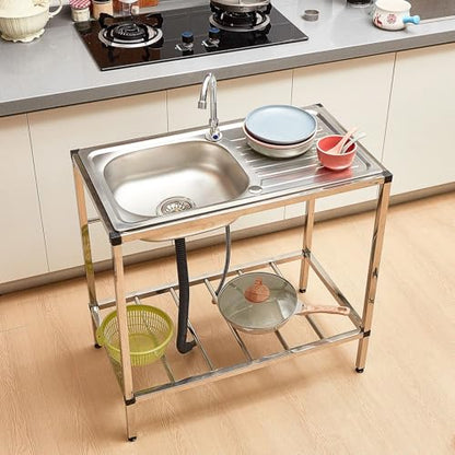Tandefio Freestanding Outdoor Kitchen Utility Sink Set Stainless Steel Single Bowl Sink Portable Commercial Utility for Restaurant Cafe Bar Hotel Garage Laundry Room(Single Layer)
