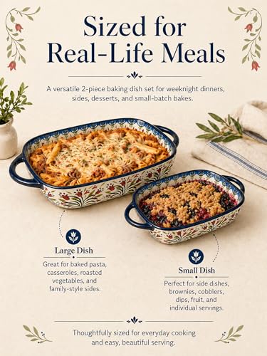Polish Pottery Style Ceramic Baking Dish Set, 2-Piece Large & Small Casserole Bakers for 2–3 People, Floral Oven-to-Table Bakeware, Microwave & Dishwasher Safe, Gift-Ready with Protective Packaging