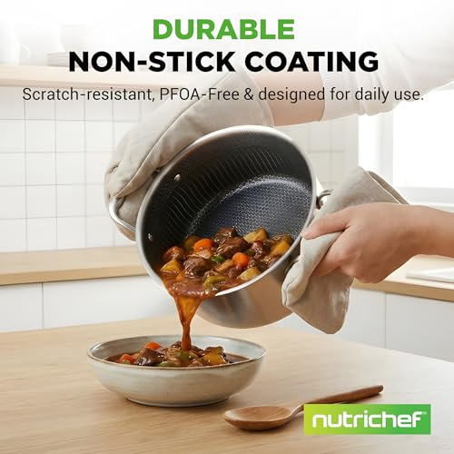 NutriChef 5 QT Stainless Steel Stew Pot - Triply Kitchenware Stew Pot with Glass Lid - DAKIN Etching Non-Stick Coating, Scratch-resistant Raised-up Honeycomb Fire Textured Pattern - NutriChef NC3PCAS