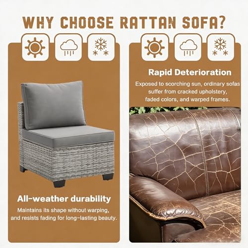 MOCHITO 7 Pieces Outdoor Patio Furniture Sets, All-Weather Sectional Sofa Grey PE Rattan Wicker Conversation Set with Glass Table and Washable Grey Cushions for Backyard,Sunroom,Garden,Porch