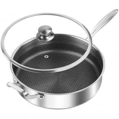 Toutrop Frying Pans Nonstick wih Lid, Non Stick Tri-Ply Stainless Steel Saute Pan, 8 Quarts Large Sauté Pan, 13.5 Inch Induction Cooking Pan, Dishwasher and Oven Safe, PFOA Free