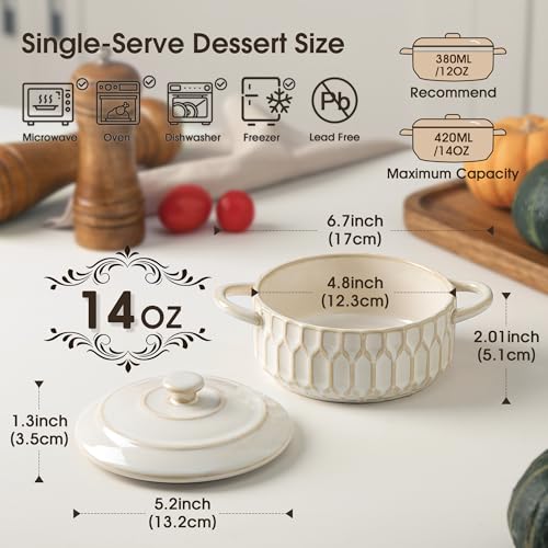 ArteBake Mini Cocotte Set-14 OZ Small Casserole Dishes with Lids and Handles, Individual Ceramic Baking Ramekins for Lasagna, Soufflé, Soup,Oven, Microwave & Dishwasher Safe,set of 4, Beige