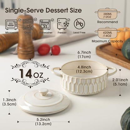 ArteBake Mini Cocotte Set-14 OZ Small Casserole Dishes with Lids and Handles, Individual Ceramic Baking Ramekins for Lasagna, Soufflé, Soup,Oven, Microwave & Dishwasher Safe,set of 4, Beige