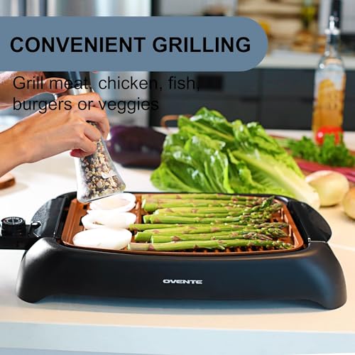 OVENTE Electric Indoor Grill with 13x10 Inch Non-Stick Cooking Surface, 1000W Fast Heat Up Power, Adjustable Temperature, Removable and Dishwasher Safe Grilling Plate and Drip Tray, Copper GD1632NLCO
