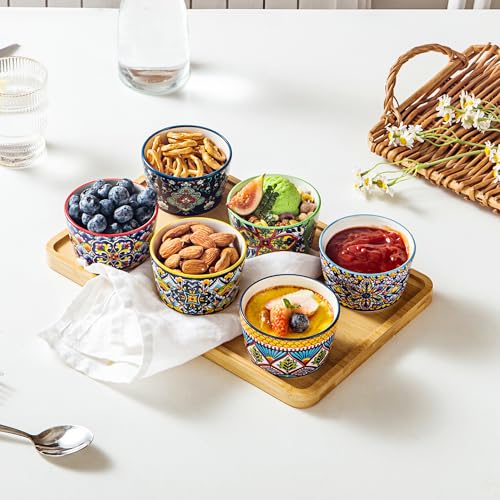 4 oz Ramekins Oven Safe for Creme Brulee – Porcelain Pudding & Custard Cups – Small Serving Bowls for Single-Serve Desserts, Dips & Sauces, Baking Ramekin Set of 6 – Bohemian Style