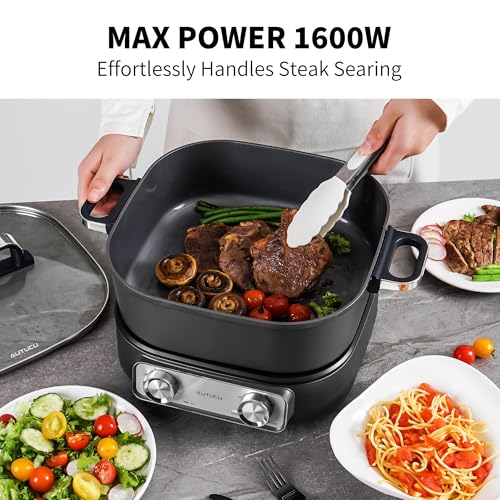 6-Quart Electric Skillet, Hot Pot | Non-Stick PFOA-Free Ceramic-Coated Pot, 1600W, Timer & 3 Power Settings for Steak, Egg, Ramen, Nonstick Pot