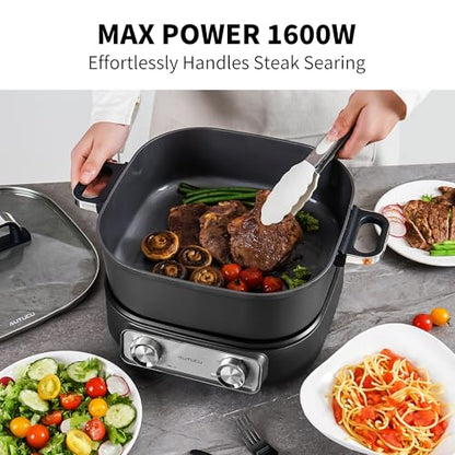 6-Quart Electric Skillet, Hot Pot | Non-Stick PFOA-Free Ceramic-Coated Pot, 1600W, Timer & 3 Power Settings for Steak, Egg, Ramen, Nonstick Pot