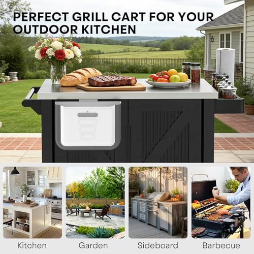 evixor Outdoor Grill Cart with Stainless Steel Tabletop, Outdoor Kitchen Island with Storage Cabinet, Grill Cart with Folding Trash Can, 4 Wheels (2 Lockable) for Patio, Backyard, Garden and Poolside