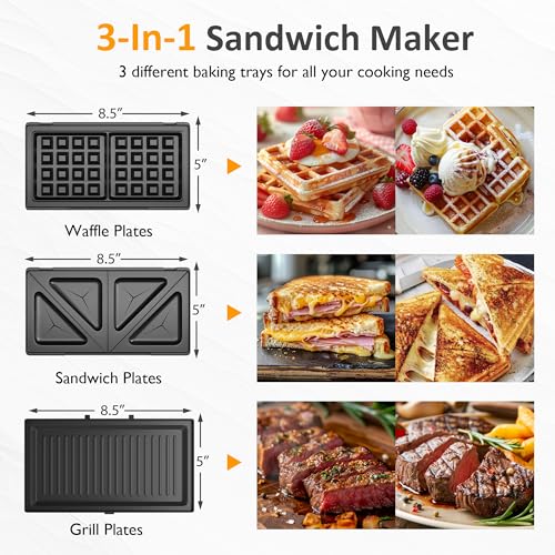 3 in 1 Electric Sandwich Maker with Removable Nonstick Plates - 1000W,Black