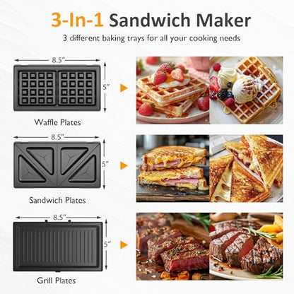 3 in 1 Electric Sandwich Maker with Removable Nonstick Plates - 1000W,Black