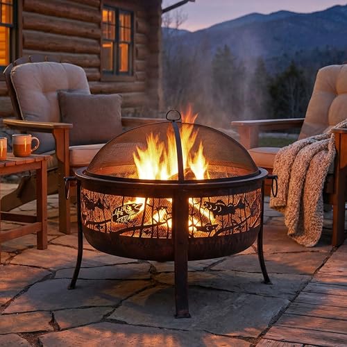 Sunnydaze 30-Inch Fire Pit with Spark Screen, Water-Resistant Cover, Metal Grate, and Fireplace Poker - Northwoods Fishing