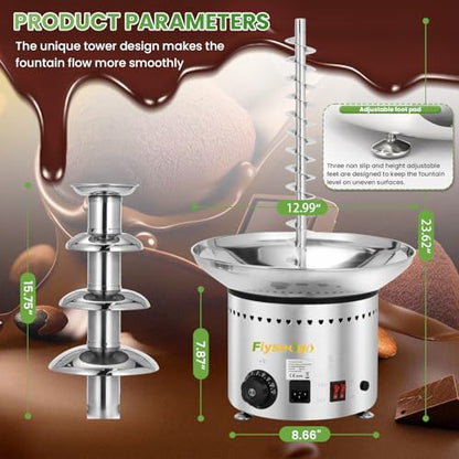 Flyseago Commercial Chocolate Fountain| 4 Tiers 11 lb Capacity| Large Hot Chocolate Fondue Tower| Stainless Steel Chocolate Melting Heating Machine for Nacho Cheese, Liqueurs, Party, Wedding