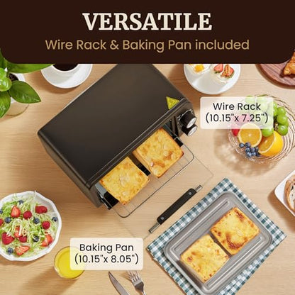 Elite Gourmet ETO449X Countertop Toaster Oven, 9.5Qt / 4-Slice Capacity, Fits 8'' Pizza, 800W Quartz Heating, 200–450°F Adjustable Temperature, 30-Min Timer, Compact Mini Oven, Black