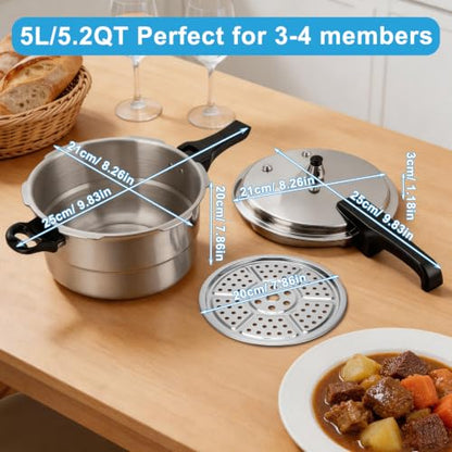 5.2Qt Stovetop Pressure Cooker with Steam Tray Pressure Cooker Non Electric